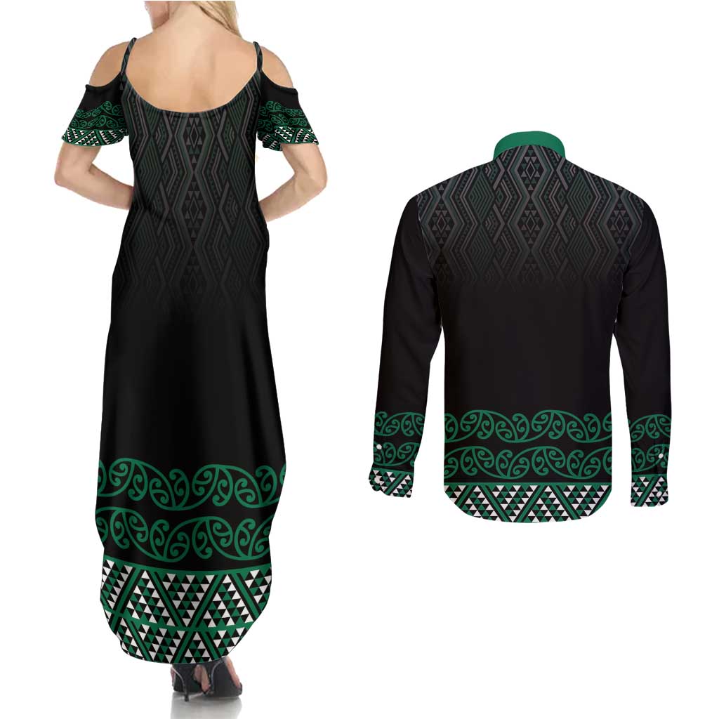 Maori Taniko Patterns Couples Matching Summer Maxi Dress and Long Sleeve Button Shirt Pounamu Niho Taniwha Mix Paatiki Motifs