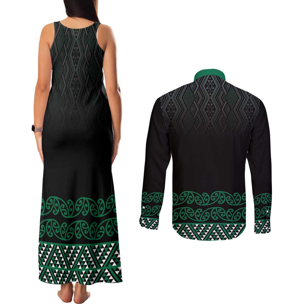 Maori Taniko Patterns Couples Matching Tank Maxi Dress and Long Sleeve Button Shirt Pounamu Niho Taniwha Mix Paatiki Motifs