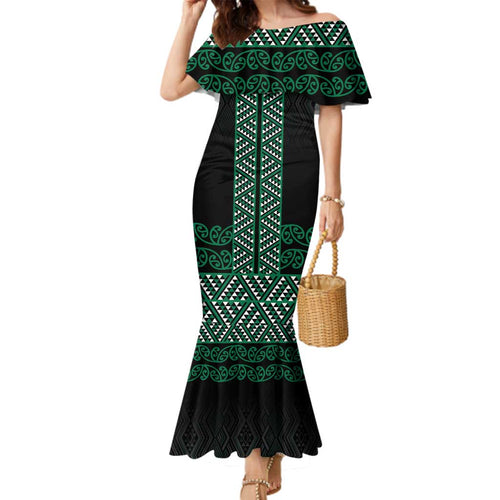 Maori Taniko Patterns Family Matching Mermaid Dress and Hawaiian Shirt Pounamu Niho Taniwha Mix Paatiki Motifs