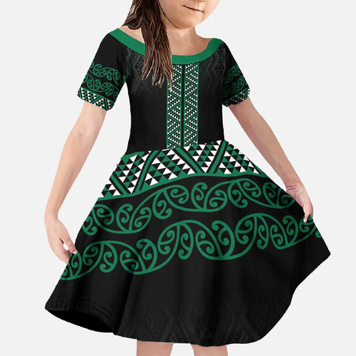 Maori Taniko Patterns Family Matching Off The Shoulder Long Sleeve Dress and Hawaiian Shirt Pounamu Niho Taniwha Mix Paatiki Motifs