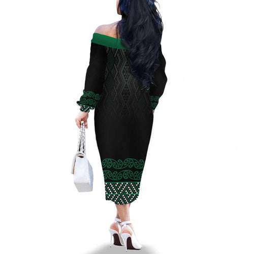 Maori Taniko Patterns Family Matching Off The Shoulder Long Sleeve Dress and Hawaiian Shirt Pounamu Niho Taniwha Mix Paatiki Motifs