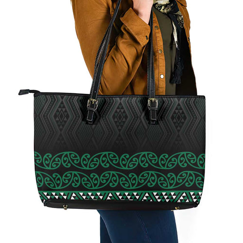 Maori Taniko Patterns Leather Tote Bag Pounamu Niho Taniwha Mix Paatiki Motifs