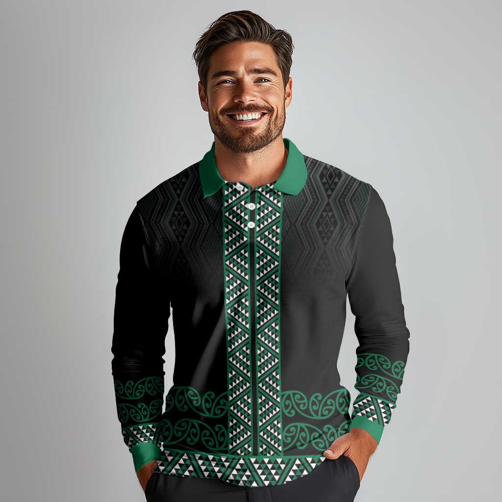 Maori Taniko Patterns Long Sleeve Polo Shirt Pounamu Niho Taniwha Mix Paatiki Motifs