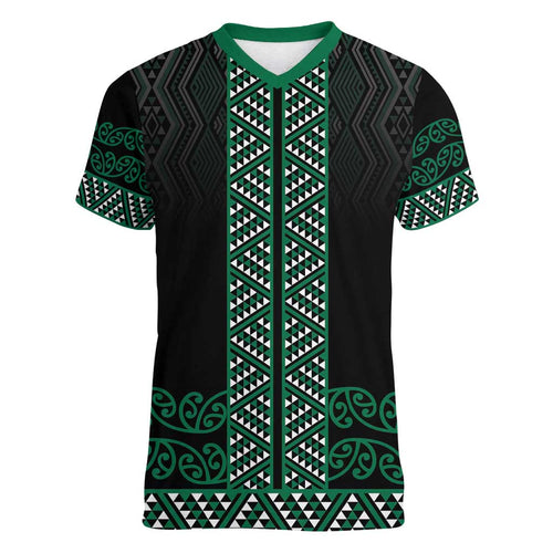 Maori Taniko Patterns Women V-Neck T-Shirt Pounamu Niho Taniwha Mix Paatiki Motifs