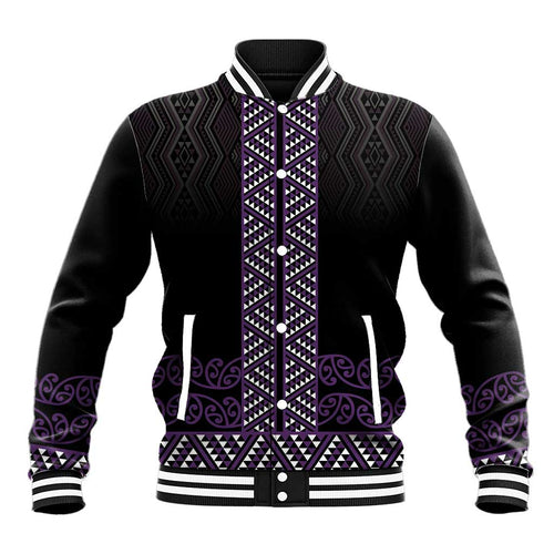Maori Taniko Patterns Baseball Jacket Purple Niho Taniwha Mix Paatiki Motifs