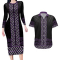 Maori Taniko Patterns Couples Matching Long Sleeve Bodycon Dress and Hawaiian Shirt Purple Niho Taniwha Mix Paatiki Motifs