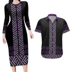 Maori Taniko Patterns Couples Matching Long Sleeve Bodycon Dress and Hawaiian Shirt Purple Niho Taniwha Mix Paatiki Motifs