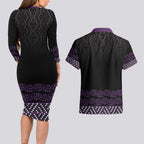 Maori Taniko Patterns Couples Matching Long Sleeve Bodycon Dress and Hawaiian Shirt Purple Niho Taniwha Mix Paatiki Motifs