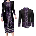 Maori Taniko Patterns Couples Matching Long Sleeve Bodycon Dress and Long Sleeve Button Shirt Purple Niho Taniwha Mix Paatiki Motifs