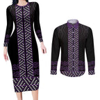 Maori Taniko Patterns Couples Matching Long Sleeve Bodycon Dress and Long Sleeve Button Shirt Purple Niho Taniwha Mix Paatiki Motifs