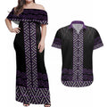 Maori Taniko Patterns Couples Matching Off Shoulder Maxi Dress and Hawaiian Shirt Purple Niho Taniwha Mix Paatiki Motifs
