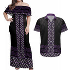 Maori Taniko Patterns Couples Matching Off Shoulder Maxi Dress and Hawaiian Shirt Purple Niho Taniwha Mix Paatiki Motifs