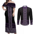 Maori Taniko Patterns Couples Matching Off Shoulder Maxi Dress and Long Sleeve Button Shirt Purple Niho Taniwha Mix Paatiki Motifs