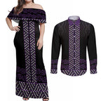 Maori Taniko Patterns Couples Matching Off Shoulder Maxi Dress and Long Sleeve Button Shirt Purple Niho Taniwha Mix Paatiki Motifs