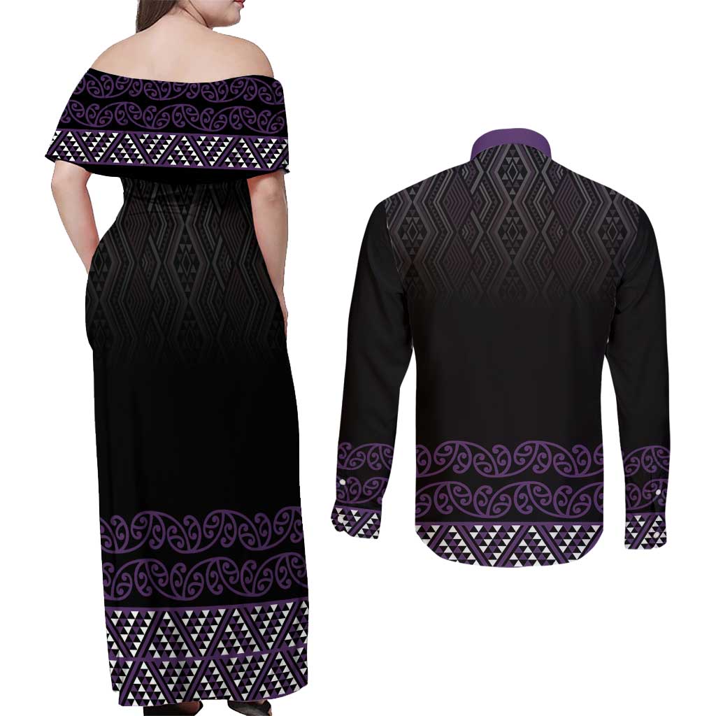 Maori Taniko Patterns Couples Matching Off Shoulder Maxi Dress and Long Sleeve Button Shirt Purple Niho Taniwha Mix Paatiki Motifs