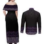 Maori Taniko Patterns Couples Matching Off Shoulder Maxi Dress and Long Sleeve Button Shirt Purple Niho Taniwha Mix Paatiki Motifs
