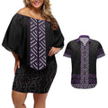 Maori Taniko Patterns Couples Matching Off Shoulder Short Dress and Hawaiian Shirt Purple Niho Taniwha Mix Paatiki Motifs