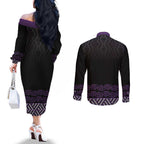 Maori Taniko Patterns Couples Matching Off The Shoulder Long Sleeve Dress and Long Sleeve Button Shirt Purple Niho Taniwha Mix Paatiki Motifs