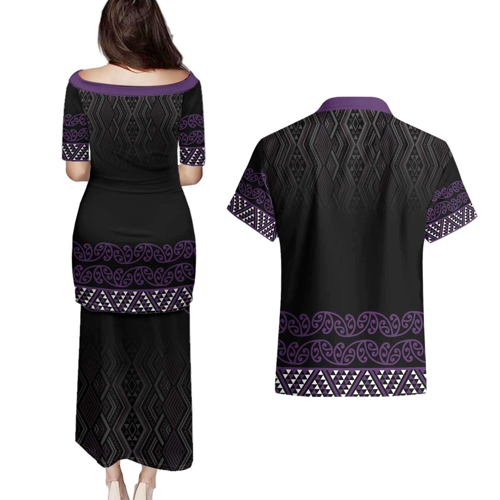 Maori Taniko Patterns Couples Matching Puletasi and Hawaiian Shirt Purple Niho Taniwha Mix Paatiki Motifs