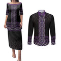 Maori Taniko Patterns Couples Matching Puletasi and Long Sleeve Button Shirt Purple Niho Taniwha Mix Paatiki Motifs