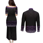 Maori Taniko Patterns Couples Matching Puletasi and Long Sleeve Button Shirt Purple Niho Taniwha Mix Paatiki Motifs