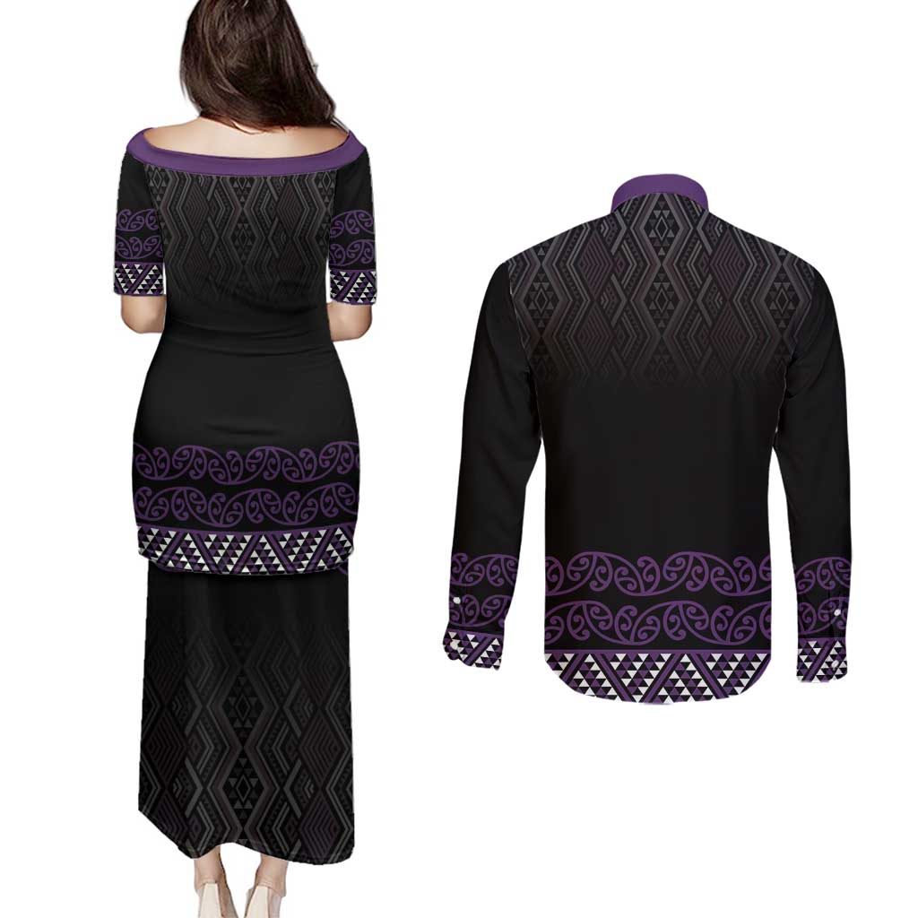 Maori Taniko Patterns Couples Matching Puletasi and Long Sleeve Button Shirt Purple Niho Taniwha Mix Paatiki Motifs