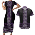 Maori Taniko Patterns Couples Matching Short Sleeve Bodycon Dress and Hawaiian Shirt Purple Niho Taniwha Mix Paatiki Motifs