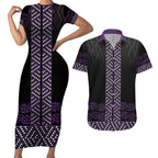 Maori Taniko Patterns Couples Matching Short Sleeve Bodycon Dress and Hawaiian Shirt Purple Niho Taniwha Mix Paatiki Motifs