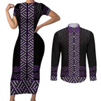 Maori Taniko Patterns Couples Matching Short Sleeve Bodycon Dress and Long Sleeve Button Shirt Purple Niho Taniwha Mix Paatiki Motifs