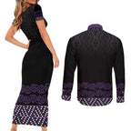 Maori Taniko Patterns Couples Matching Short Sleeve Bodycon Dress and Long Sleeve Button Shirt Purple Niho Taniwha Mix Paatiki Motifs