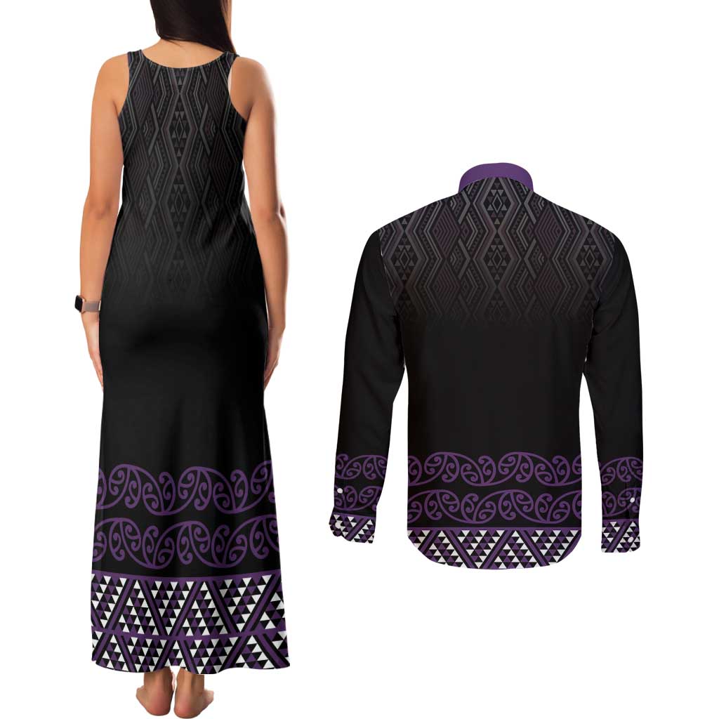 Maori Taniko Patterns Couples Matching Tank Maxi Dress and Long Sleeve Button Shirt Purple Niho Taniwha Mix Paatiki Motifs