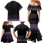 Maori Taniko Patterns Family Matching Mermaid Dress and Hawaiian Shirt Purple Niho Taniwha Mix Paatiki Motifs