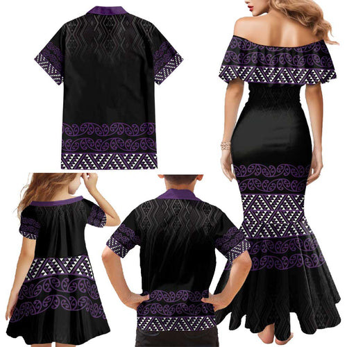 Maori Taniko Patterns Family Matching Mermaid Dress and Hawaiian Shirt Purple Niho Taniwha Mix Paatiki Motifs