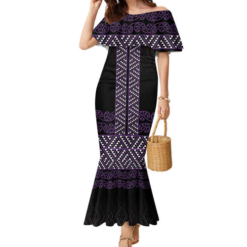 Maori Taniko Patterns Family Matching Mermaid Dress and Hawaiian Shirt Purple Niho Taniwha Mix Paatiki Motifs