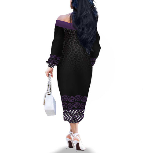 Maori Taniko Patterns Family Matching Off The Shoulder Long Sleeve Dress and Hawaiian Shirt Purple Niho Taniwha Mix Paatiki Motifs