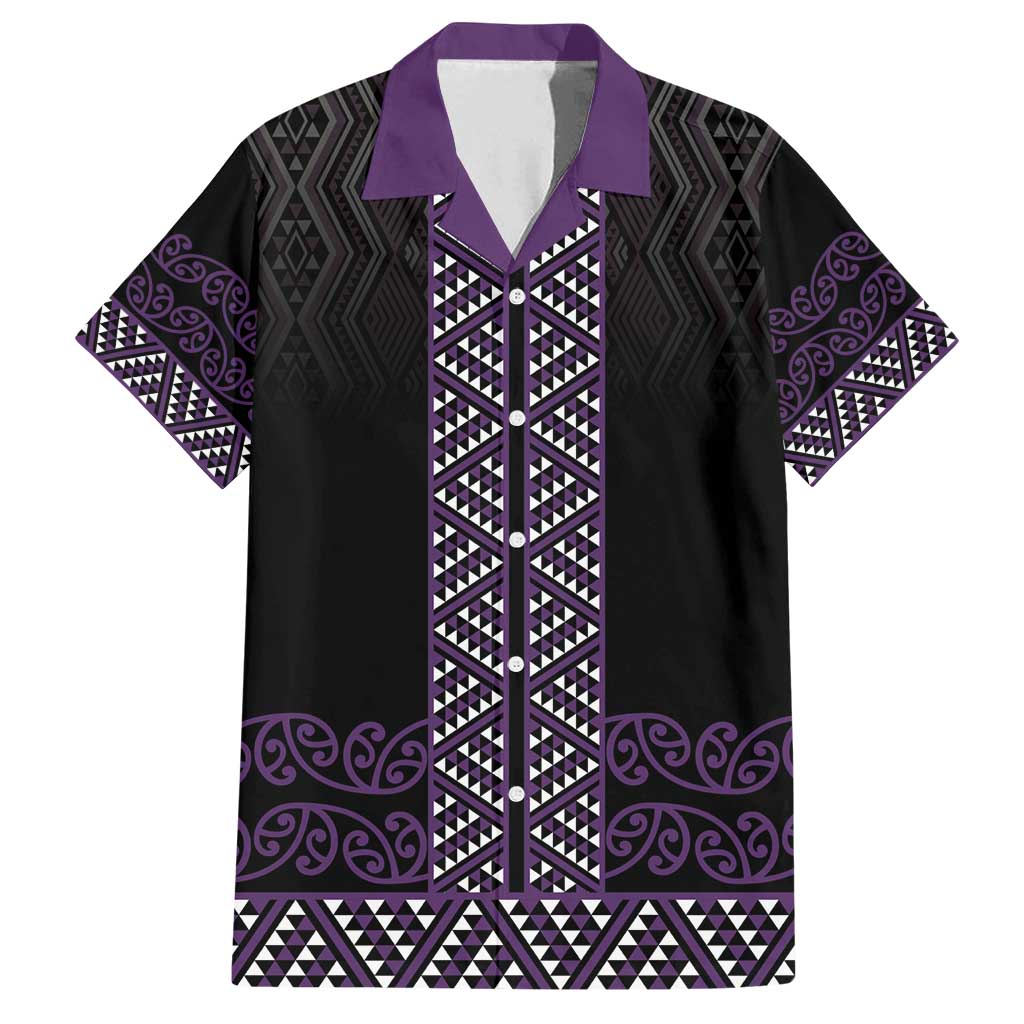 Maori Taniko Patterns Family Matching Off Shoulder Short Dress and Hawaiian Shirt Purple Niho Taniwha Mix Paatiki Motifs