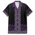 Maori Taniko Patterns Family Matching Off Shoulder Short Dress and Hawaiian Shirt Purple Niho Taniwha Mix Paatiki Motifs