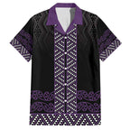 Maori Taniko Patterns Family Matching Off Shoulder Short Dress and Hawaiian Shirt Purple Niho Taniwha Mix Paatiki Motifs