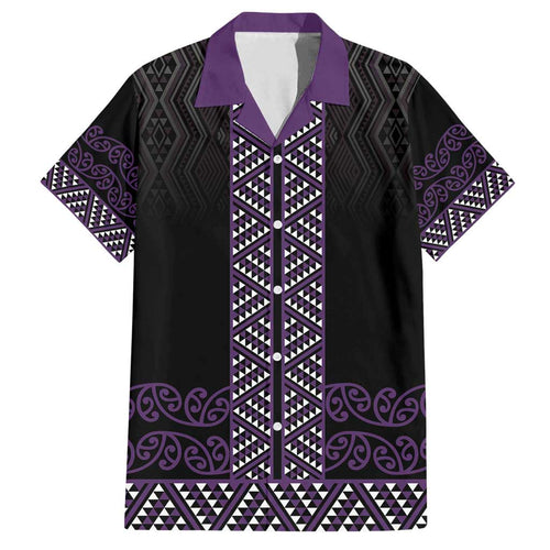 Maori Taniko Patterns Family Matching Off Shoulder Short Dress and Hawaiian Shirt Purple Niho Taniwha Mix Paatiki Motifs
