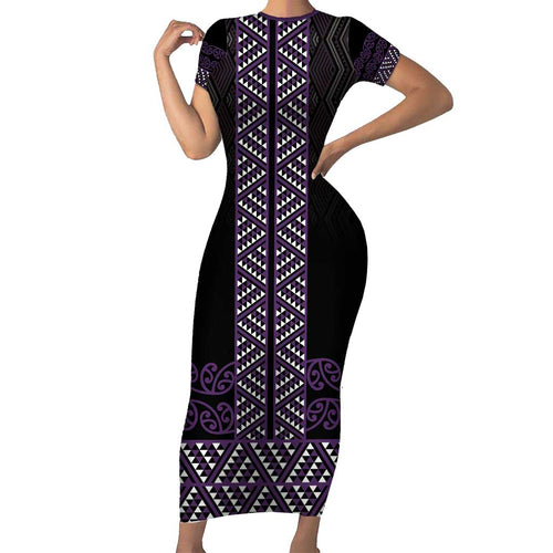Maori Taniko Patterns Family Matching Short Sleeve Bodycon Dress and Hawaiian Shirt Purple Niho Taniwha Mix Paatiki Motifs
