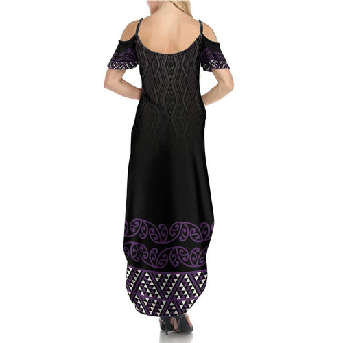 Maori Taniko Patterns Family Matching Summer Maxi Dress and Hawaiian Shirt Purple Niho Taniwha Mix Paatiki Motifs