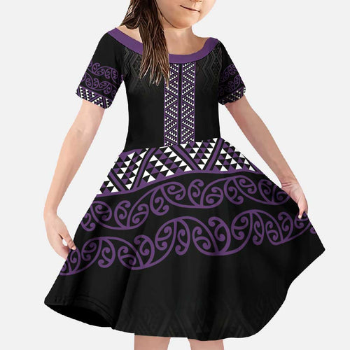 Maori Taniko Patterns Family Matching Tank Maxi Dress and Hawaiian Shirt Purple Niho Taniwha Mix Paatiki Motifs