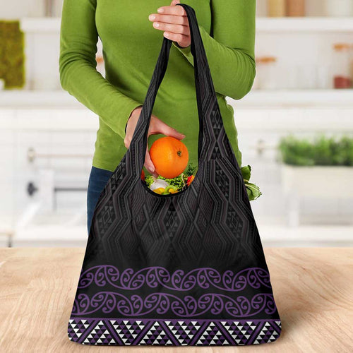Maori Taniko Patterns Grocery Bag Purple Niho Taniwha Mix Paatiki Motifs