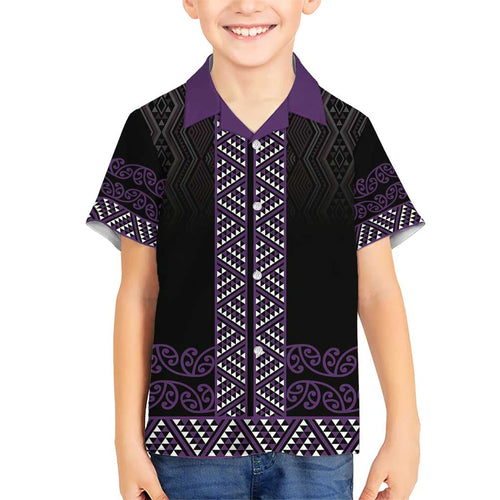 Maori Taniko Patterns Hawaiian Shirt Purple Niho Taniwha Mix Paatiki Motifs