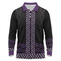 Maori Taniko Patterns Long Sleeve Polo Shirt Purple Niho Taniwha Mix Paatiki Motifs