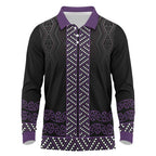 Maori Taniko Patterns Long Sleeve Polo Shirt Purple Niho Taniwha Mix Paatiki Motifs