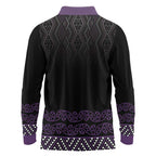 Maori Taniko Patterns Long Sleeve Polo Shirt Purple Niho Taniwha Mix Paatiki Motifs