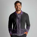 Maori Taniko Patterns Long Sleeve Polo Shirt Purple Niho Taniwha Mix Paatiki Motifs
