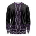 Maori Taniko Patterns Long Sleeve Shirt Purple Niho Taniwha Mix Paatiki Motifs