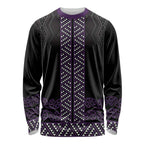 Maori Taniko Patterns Long Sleeve Shirt Purple Niho Taniwha Mix Paatiki Motifs